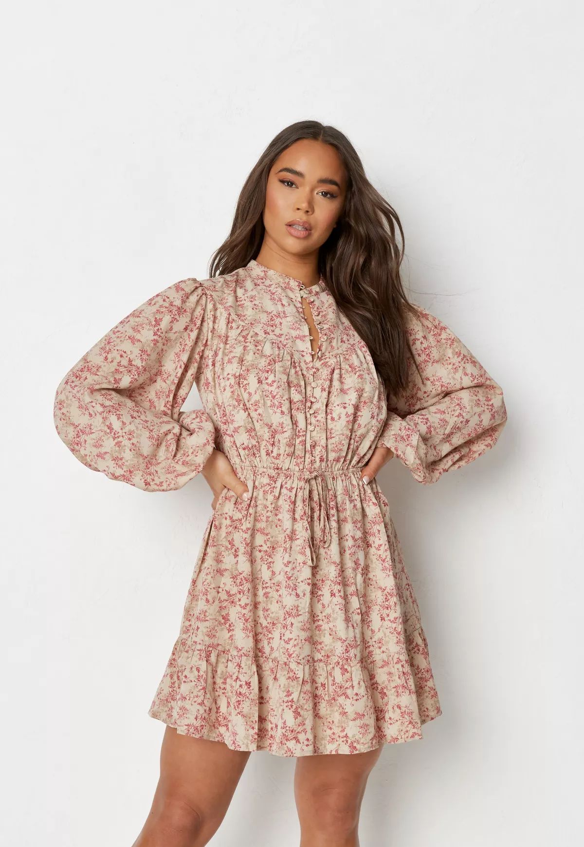Stone Floral Print Button Front A Line Dress | Missguided (US & CA)