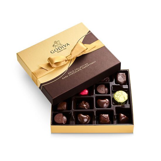Dark Chocolate Gift Box, Gold Ribbon, 15 pc. | Godiva