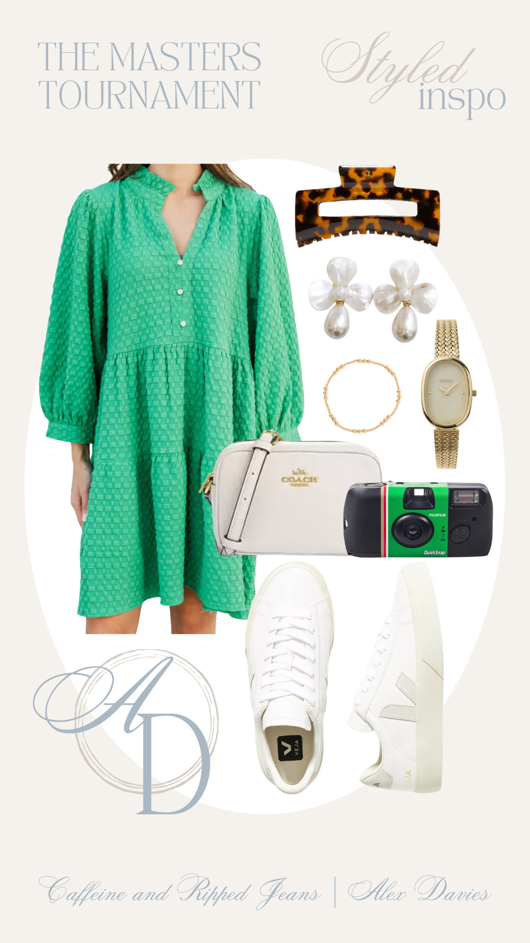 // masters tournament outfit inspo // masters tournament dress // green dress for the masters // veja campo sneakers // coach camera bag // disposable camera for masters // xl claw clip // pearl earrings // enewton // gold watch // 

 #LTKgrwm #LTKootd #LTKSeasonal