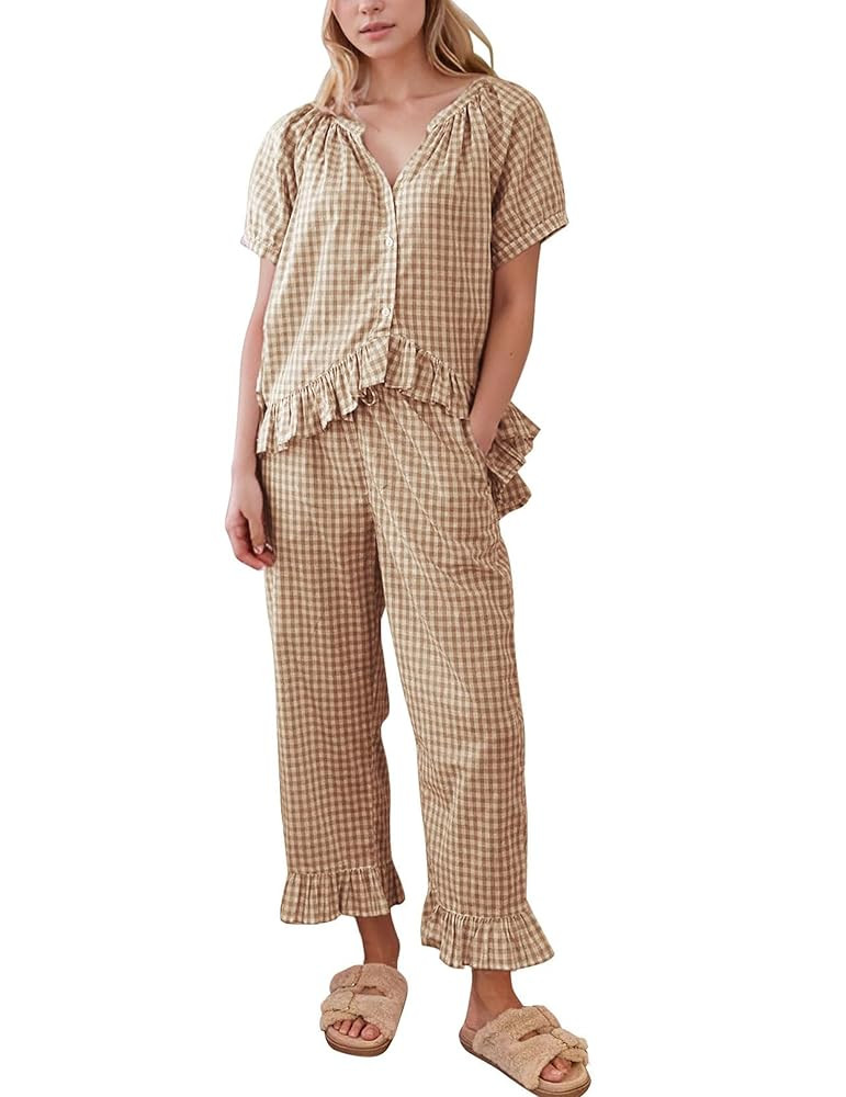 Womens Gingham Pajamas Set 2 Piece Plaid Ruffle Babydoll Shirt Sleepwear Outfits Matching Lounge ... | Amazon (US)