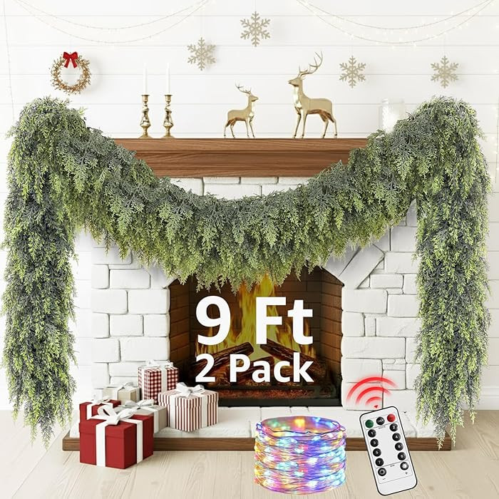 Cedar Christmas Garland with Lights for Mantle - 2 Pack Decorations 9ft Realistic Lighted Faux Pi... | Amazon (US)