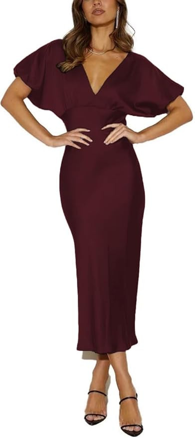 Summer Satin V Neck Puffy Sleeves High Waist Midi Dresses Silk Sexy Tie Back Formal Cocktail Dres... | Amazon (US)