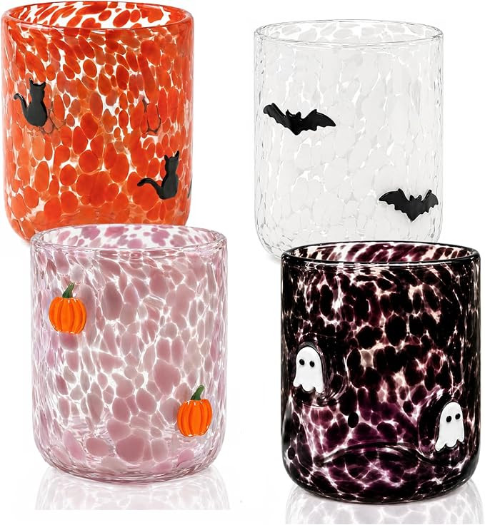 4 PCS Halloween Icon Glass Cups - 16oz Ghost & Bat Icon & Pumpkin & Black-Cat Juice Glass Old Fas... | Amazon (US)