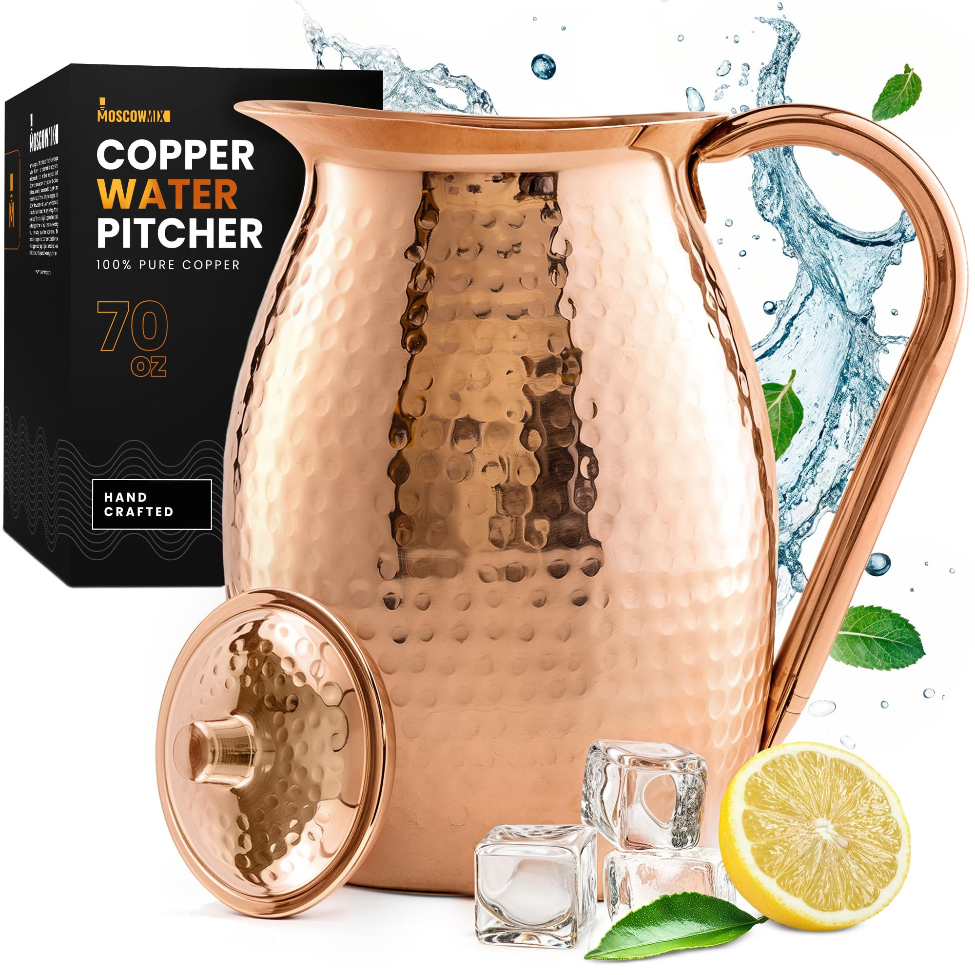 Moscow-Mix Pure Copper Pitcher 70 Ounces - Large 100% Copper Jug for Drinking Water - Heavy Duty ... | Amazon (US)