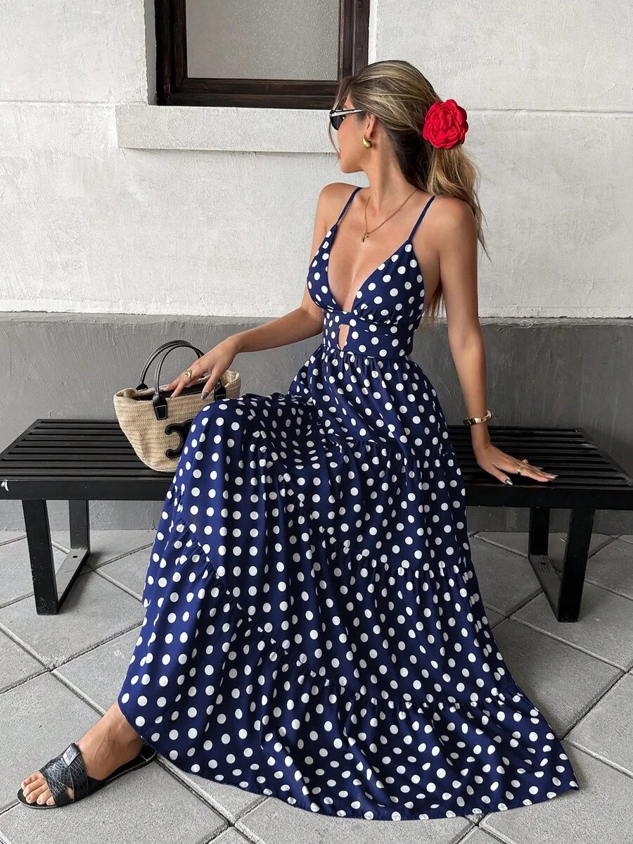 Women's Spaghetti Strap Splicing Wide Hem Loose Casual Vacation Long Dress | Walmart (US)