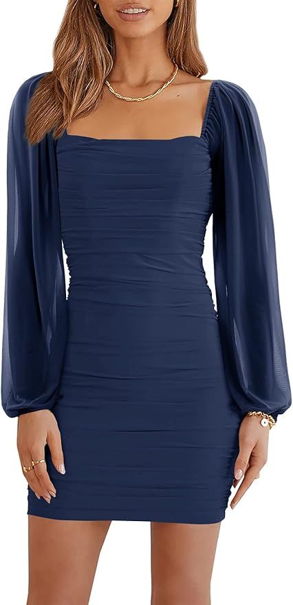 Wenrine Women's Mesh Long Sleeve Square Neck Ruched Party Club Cocktail Bodycon Mini Dress | Amazon (US)