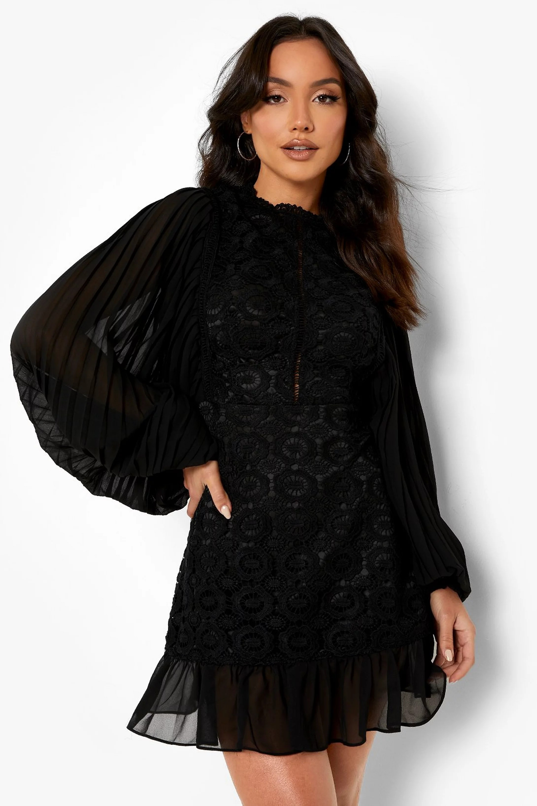 High Neck Lace Frill Hem Mini Dress | Boohoo.com (US & CA)