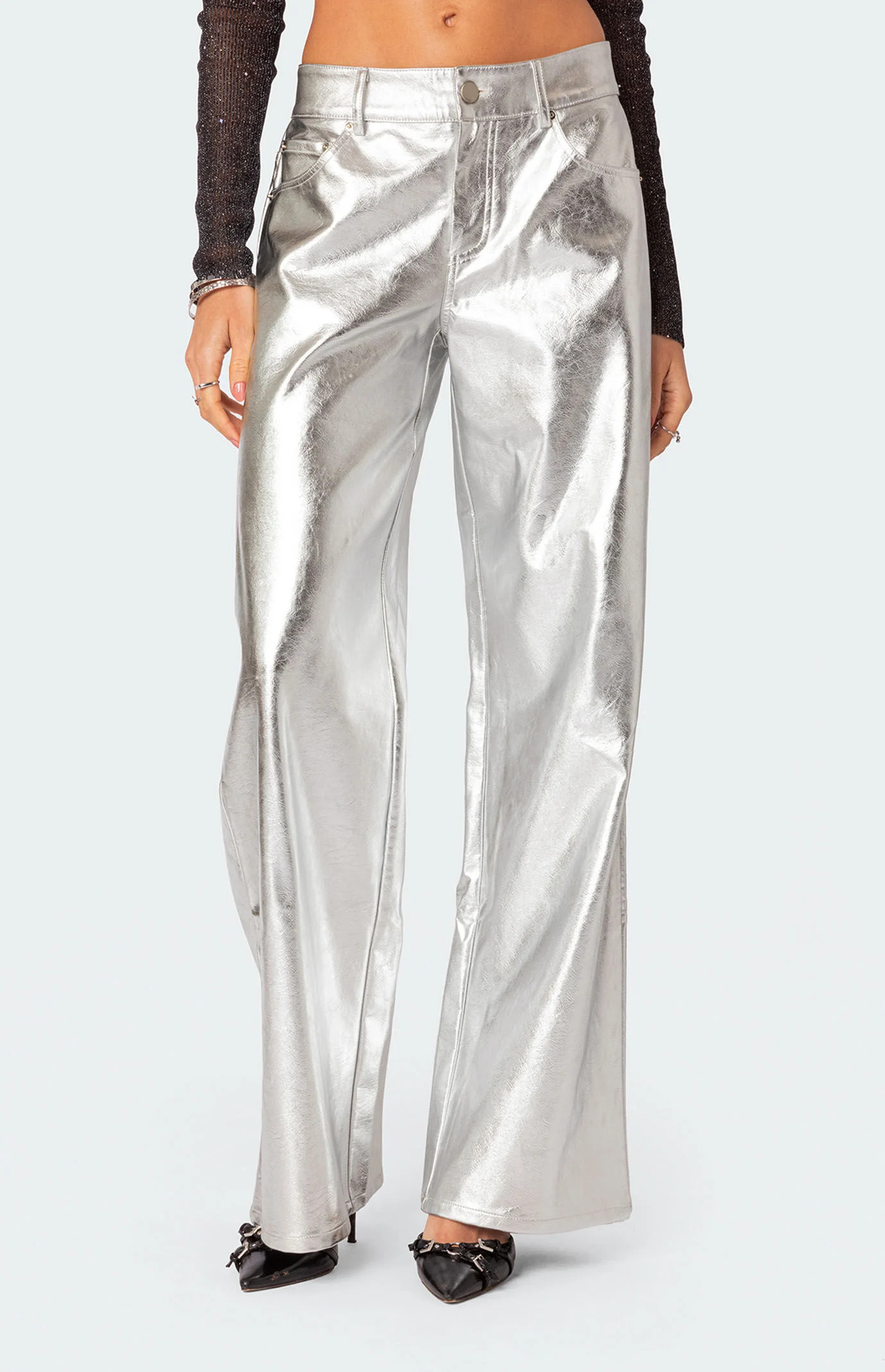 Edikted Women's Kim Metallic Faux Leather Pants in Silver - Size XS | PacSun