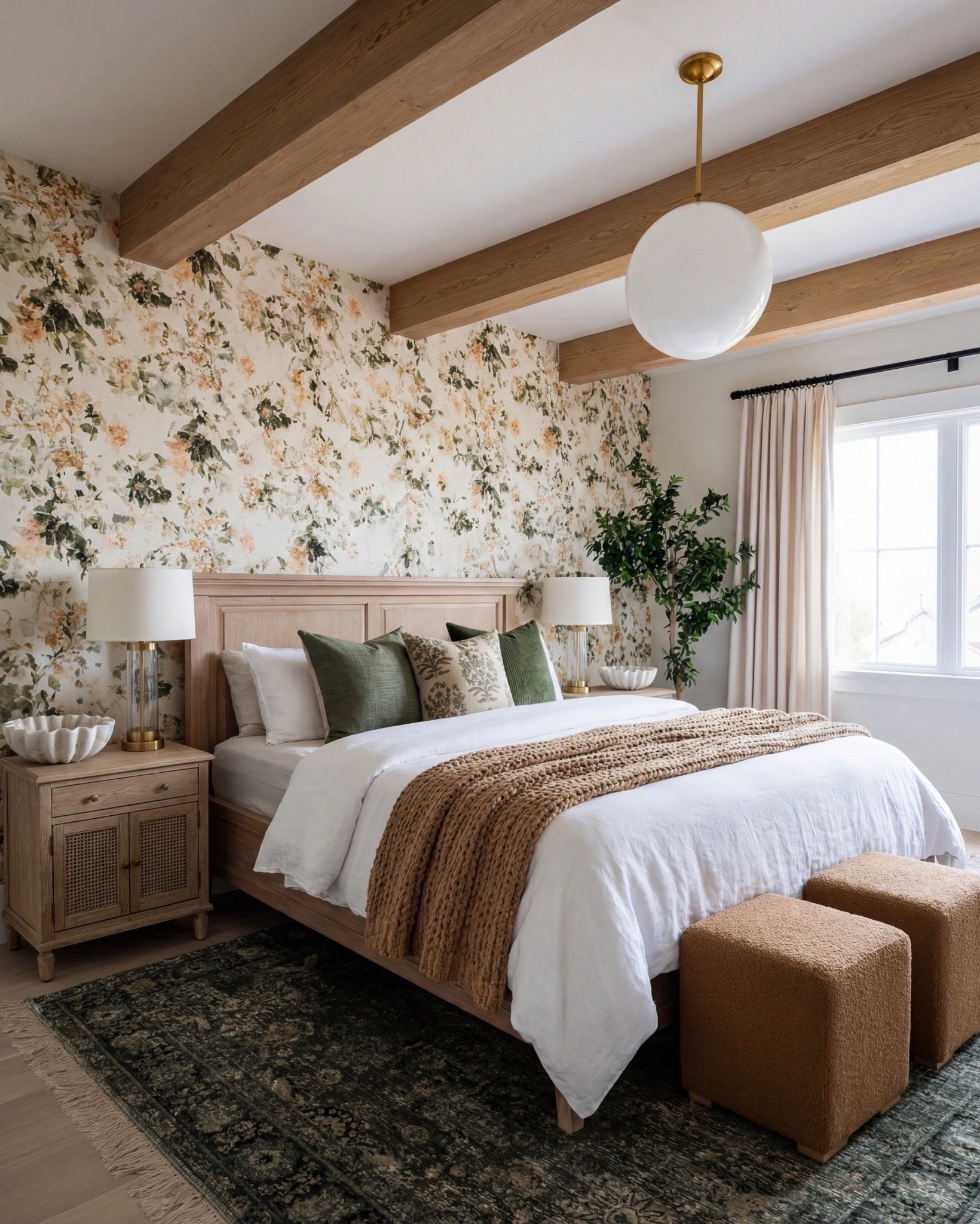 Shop the Look: Bedroom Refresh 
• Light oak panel bed
• Cream + green accent pillows
• Warm chunky knit throw
• Textured caramel cube ottomans
• Brass bedside lamps
• Fluted natural wood nightstands
• Green vintage-style rug
• Large white globe ceiling light
• Soft neutral pinch-pleat curtains
• Botanical floral wallpaper with soft gold + sage undertones

#LTKsale #LTKhome #LTKstyletip