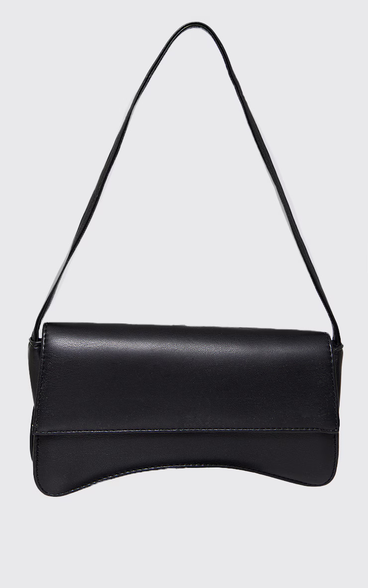 Black PU Flap Over Baguette Shoulder Bag | PrettyLittleThing CAN