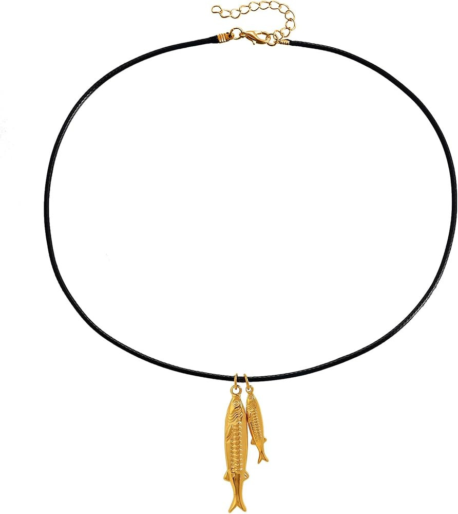 Gold Fish Necklace for Women,Double Fish Pendent Choker,Boho Beach Necklace with Leather Chain,Tr... | Amazon (US)