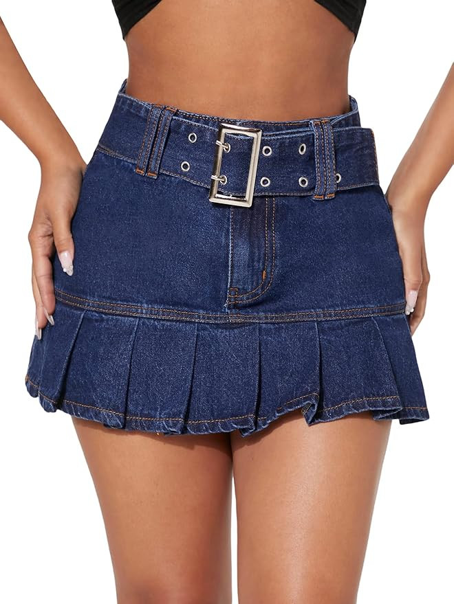 WDIRARA Women's Petite High Waisted Pleated A Line Belted Ruffle Y2k Denim Mini Skirt | Amazon (US)