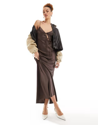 Lioness satin asymmetric tie detail cami maxi dress in brown | ASOS | ASOS (Global)