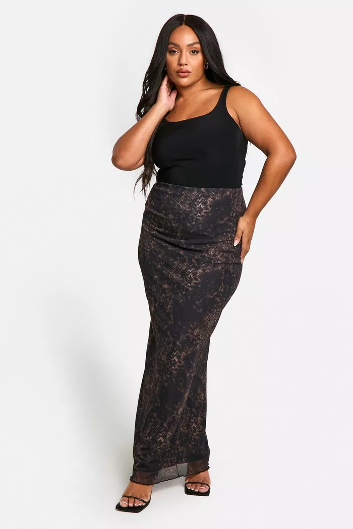 PLUS SNAKE PRINTED MESH MAXI SKIRT | boohoo (US & Canada)