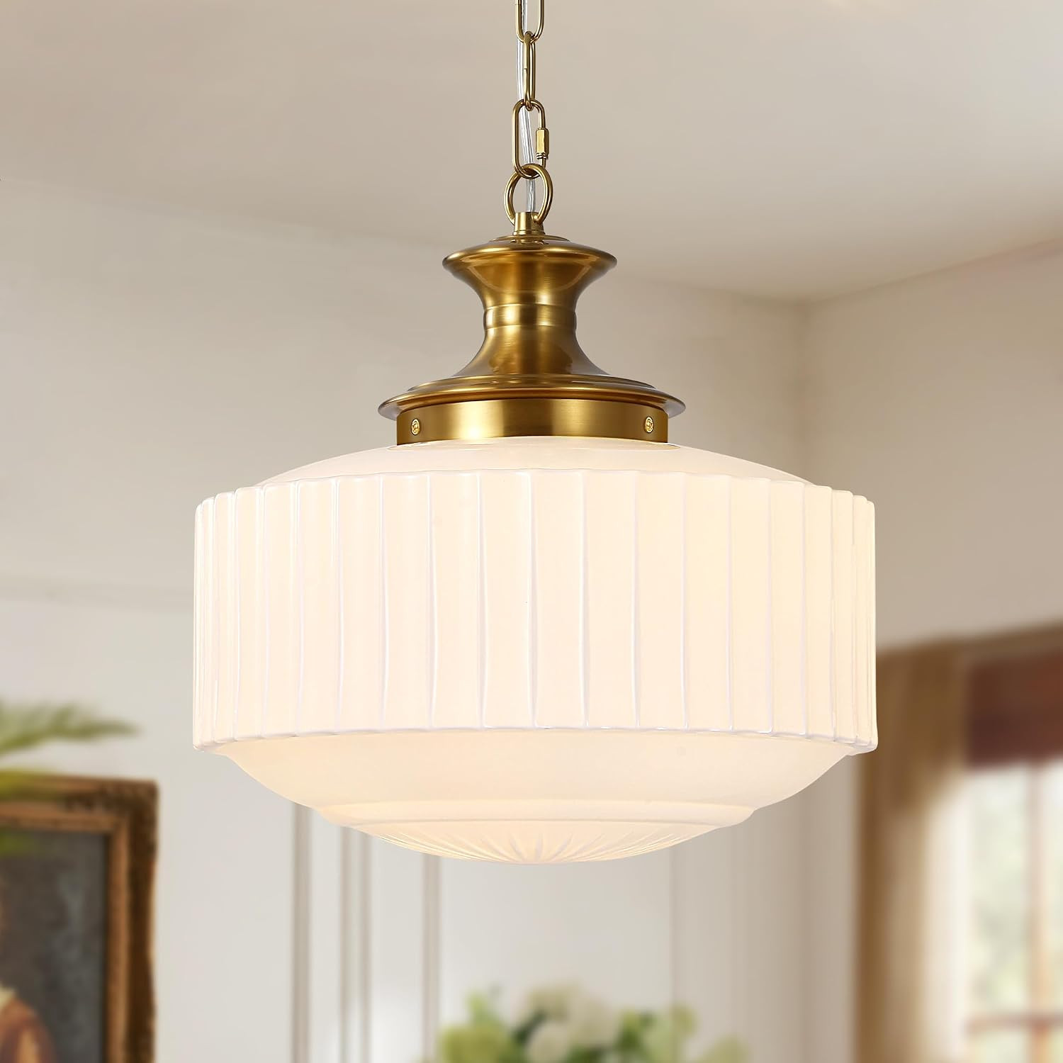 14" Antique Brass and Milk White Glass Pendant Lights Kitchen Island | Amazon (US)