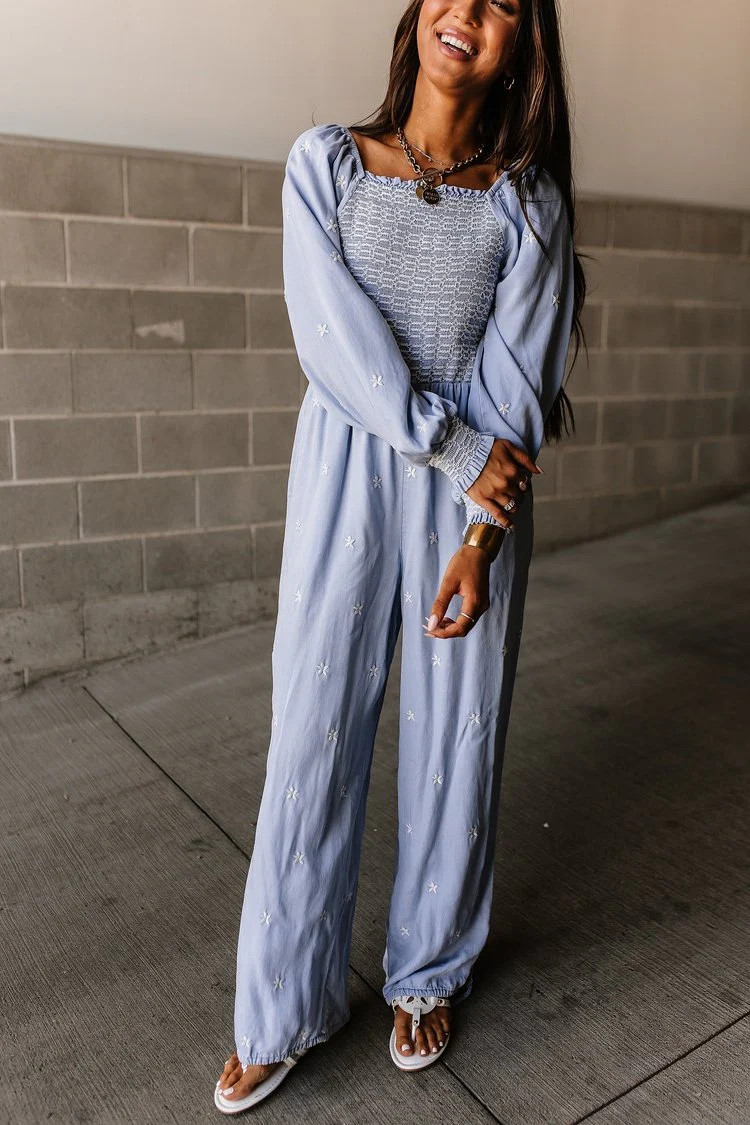 Smocked Embroidered Super Soft Blue Jumpsuit | Jasmine Embroidered Jumpsuit | Mindy Mae's Market