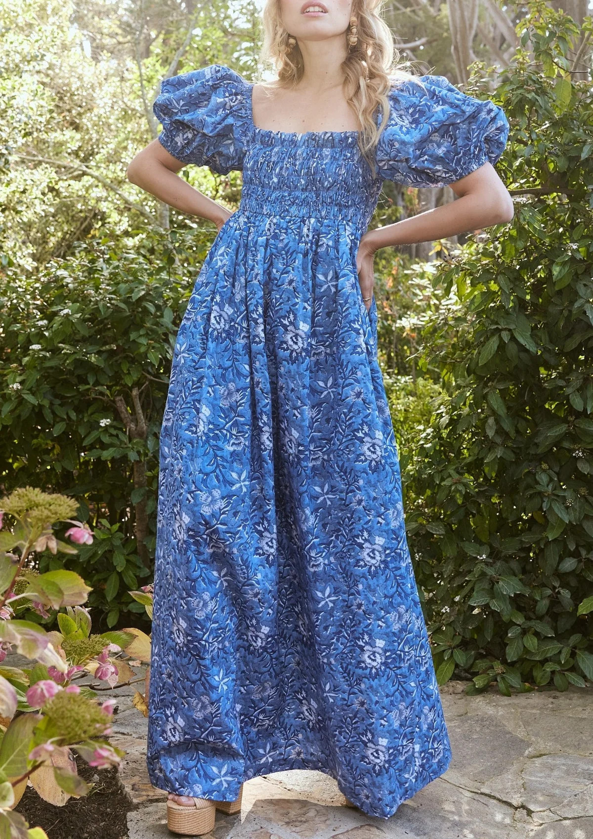 Aurora Puff Sleeve Maxi Dress in Ultramarine Floral | Over The Moon