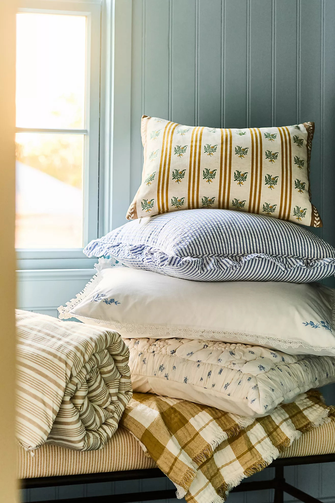 Tess Cotton Screen Printed Floral Striped Pillow | Anthropologie (US)