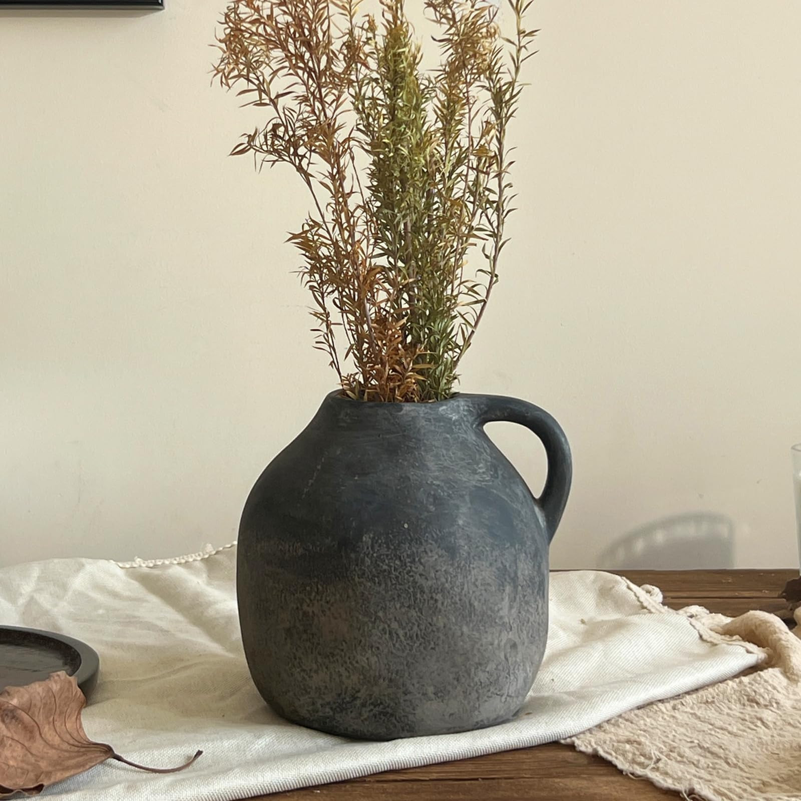 Ceramic Rustic Pitcher Vase with Handle, Black Vintage Farmhouse Vase, Decorative Rustic Pottery ... | Amazon (US)