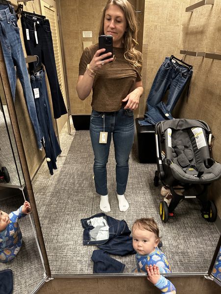 First trip postpartum to get new jeans and I took a little man with me which meant he thought the dressing room was the coolest :) swipe to see the four favorites I found from new brands I’ve never tried! I also tagged them below- 
In general, I found that they ran true to size or maybe a little big  

#LTKbaby #LTKfamily #LTKstyletip