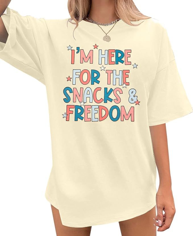 4th of July Oversized Shirt Woman I'm Here for The Snacks and Freedom Tshirt Independence Day Shi... | Amazon (US)