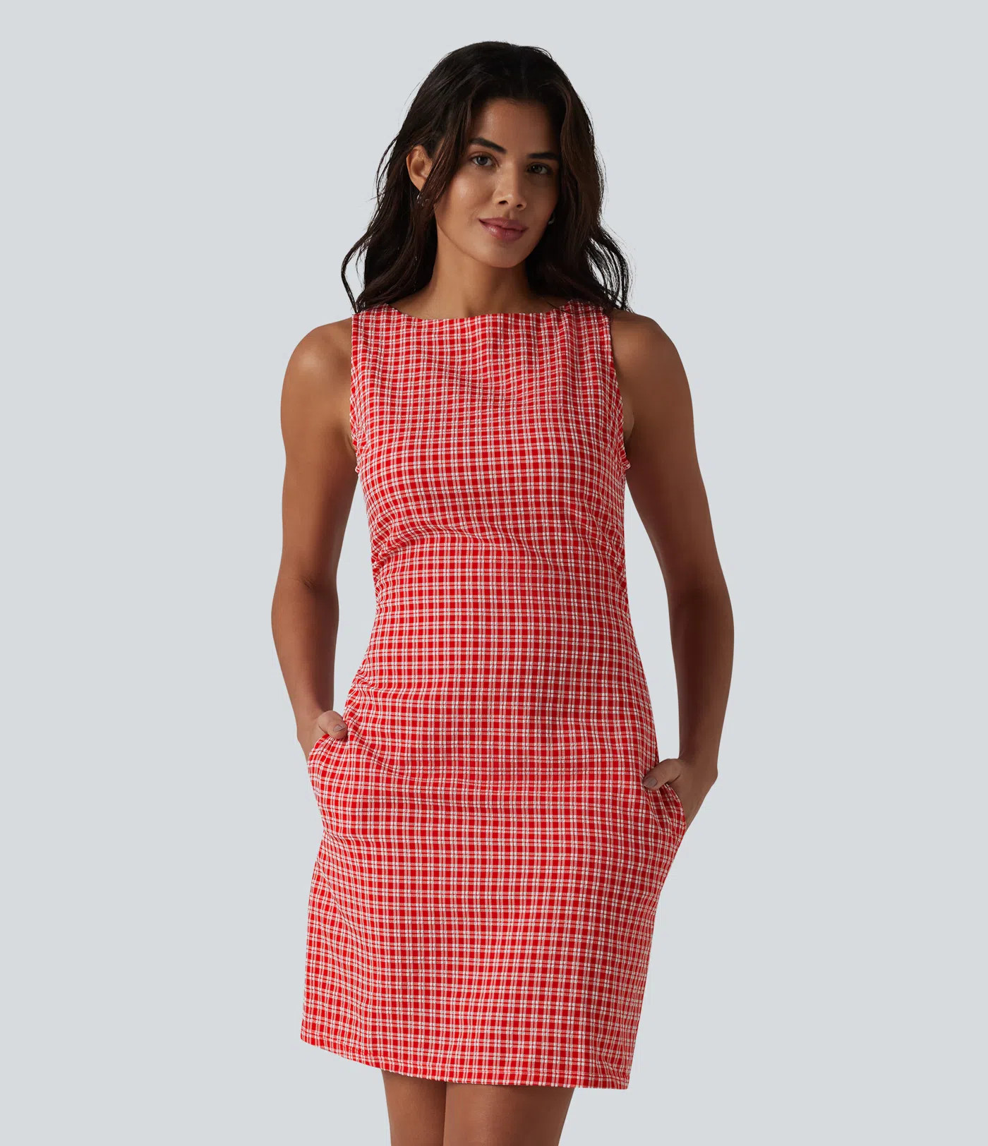 Boat Neck Sleeveless Gingham Mini Casual Dress with Pockets | HALARA