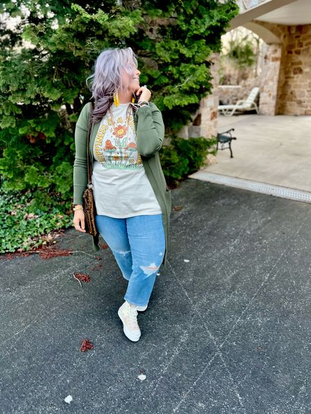 ✨SIZING•PRODUCT INFO✨
⏺ Tan & Floral Graphic Tee - Men’s size M @walmart 
⏺ Cropped Straight Leg Denim in Light-Medium Wash - 16 - TTS @express  
⏺ Yellow Beaded Tassel Earrings @sheinofficial 
⏺ Tan Hightop Sneakers •• linked similar @converse 
⏺ Olive Green Duster Cardigan •• mine is no longer available from @walmartfashion but I linked similar option(s) from @amazonfashion  
⏺ Gold Layered Necklace Set •• mine is no longer available from @express but I linked similar option(s) from @amazon 
⏺ Worn bronze green Shoulder Crossbody Bag @montanawestusa 
⏺ Friendship Bracelets in Brown & Green @sheinofficial 
⏺ Green Watch @walmart 

#walmart #walmartfashion #walmartstyle walmart finds, walmart outfit, walmart look #graphic #tee #graphictee #graphicteeoutfit #tshirt #graphictshirt #graphicteelook Boho, boho outfit, boho look, boho fashion, boho style, boho outfit inspo, boho inspo, boho inspiration, boho outfit inspiration, boho chic, boho style look, boho style outfit, bohemian, whimsical outfit, whimsical look, boho fashion ideas, boho dress, boho clothing, boho clothing ideas, boho fashion and style, hippie style, hippie fashion, hippie look, fringe, pom pom, pom poms, tassels, california, california style,  #boho #bohemian #bohostyle #bohochic #bohooutfit #style #fashion #converse #shoes #sneakers #hightops #high #tops #conversesneakers #conversehightops #chucks #chuck #converseoutfit #converseoutfitidea #outfit #inspo #converseinspo #conversestyle #stylingconverse #sneakerstyle #sneakerfashion #sneakeroutfit #sneakerinspo #ltkshoes #conversefashion #sneakersfashion #street #style #high #street #streetstyle #sneakersfashion ##boho #sneakerfashion #sneakersoutfit #tennis #shoes #sneakerslook #sneakeroutfit #sneaker #sneakers #sneakersinspo #sneakerinspo ##boho #under30 #under40 #under50 #under60 #under75 #under100
#affordable #budget #inexpensive #size14 #size16 #size12 #curvy #midsize #pear #pearshape #pearshaped
budget fashion, affordable fashion, budget style, affordable style, curvy style, curvy fashion, midsize style, midsize fashion


#LTKmidsize #LTKfindsunder50 #LTKstyletip