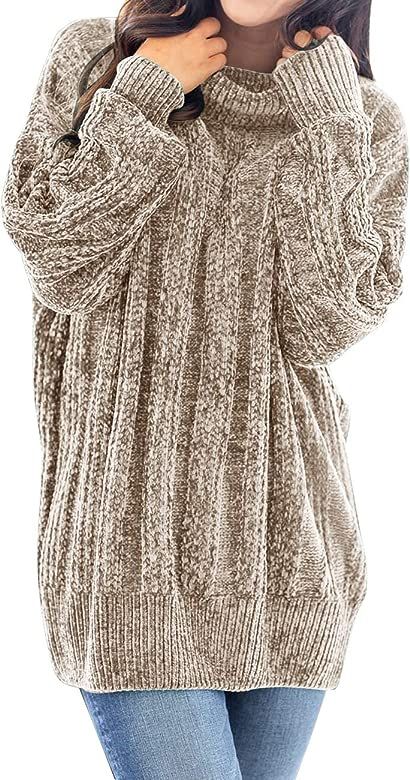 Women's Long Sleeve Turtleneck Chunky Soft Chenille Velvet Tunic Sweater Pullover | Amazon (US)