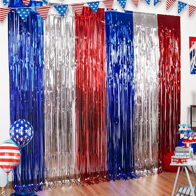 LOLStar 4th of July Decorations,Red White and Blue 3 Pack Tinsel Foil Fringe Curtains,4th of July... | Amazon (US)
