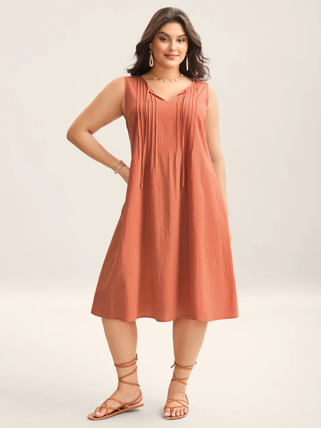 Cotton Toothpick Pleat Plain Midi Dress | Bloomchic