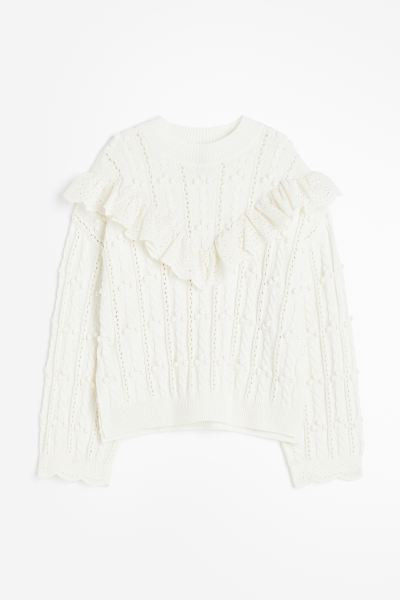 Ruffle-trimmed Textured-knit Sweater - White - Ladies | H&M US | H&M (US + CA)