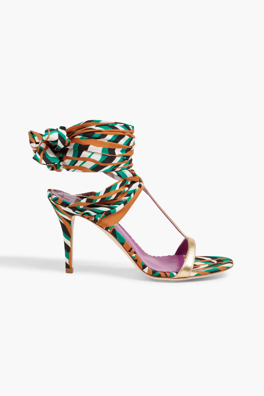 Metallic leather-trimmed printed crepe de chine sandals | The Outnet (US and CA)