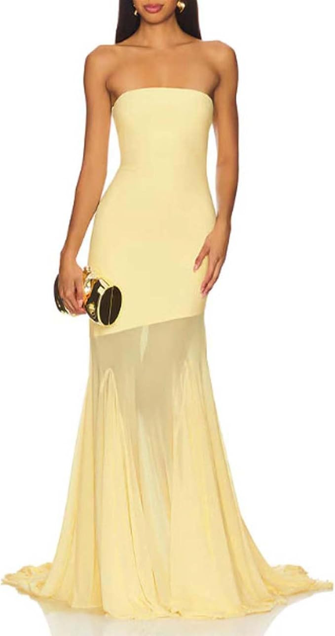 Women Strapless Tube Top Maxi Dress Mesh Bodycon Long Formal Cocktail Party Prom Wedding Guest Dr... | Amazon (US)