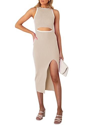 Pink Queen Women's Sexy Sleeveless Bodycon Dress Crew Neck Party Cocktail Ribbed Midi Dresses Apricot S | Amazon (US)
