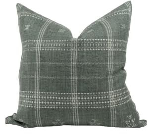 Pillow Cover Linen Lightweight 22 x 22 in Double Sided Block Print with Zipper Easy Removal Home Decor Shabby Chic Farmhouse Neurtral Decorative Sofa Couch Accent (Plaid Green Grey) | Amazon (US)
