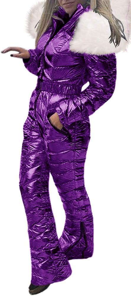 Women Winter Onesies Ski Suit Fur Collar coat Ski Jumpsuit Snowsuit | Amazon (US)