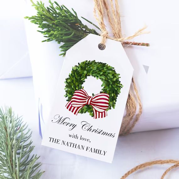 PRINTED Christmas Gift Tags Personalized Red Stripe Boxwood Bow Corporate Gift Custom Hostess Gif... | Etsy (US)