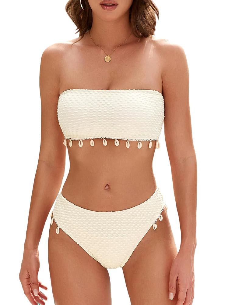 ZAFUL Women Strapless Bandeau Bikini Shell 2 Piece Swimwear Cheeky Solid Lace up Pom Bathing Suit... | Amazon (US)