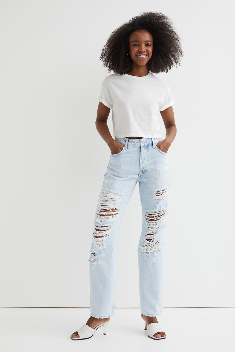 Relaxed-fit, 5-pocket jeans in washed cotton denim. High waist, button fly, and straight legs wit... | H&M (US + CA)