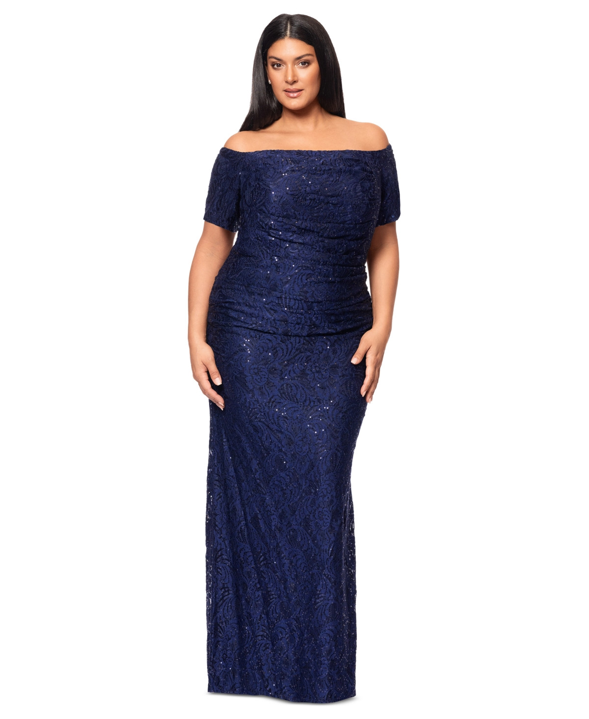 Xscape Plus Size Sequin-Lace Off-The-Shoulder Gown - Navy | Macy's