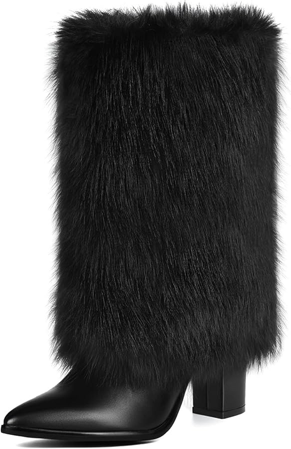 Womens 3.3-inch Chunky Mid Calf Fur Heel Boots Furry Fuzzy Fluffy Pointed Toe Boots for Women Sho... | Amazon (US)
