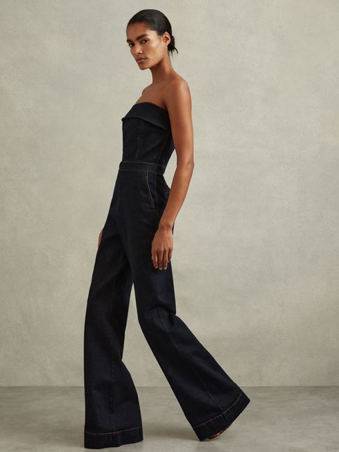 Tiggie
                Denim Strapless Wide Leg Jumpsuit | Reiss US