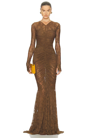 Long Sleeve V Neck Shirred Front Fishtail Gown | FWRD 