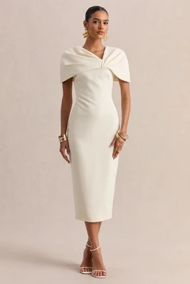 Novalie | Cream V-Neck Midi Dress With Twist-Detail | Club L London