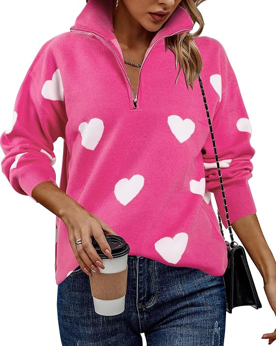 Heart Sweater for Women V Neck Valentines Sweatshirt Quarter Zip Pullover Ribbed Knitted Sweaters... | Amazon (US)