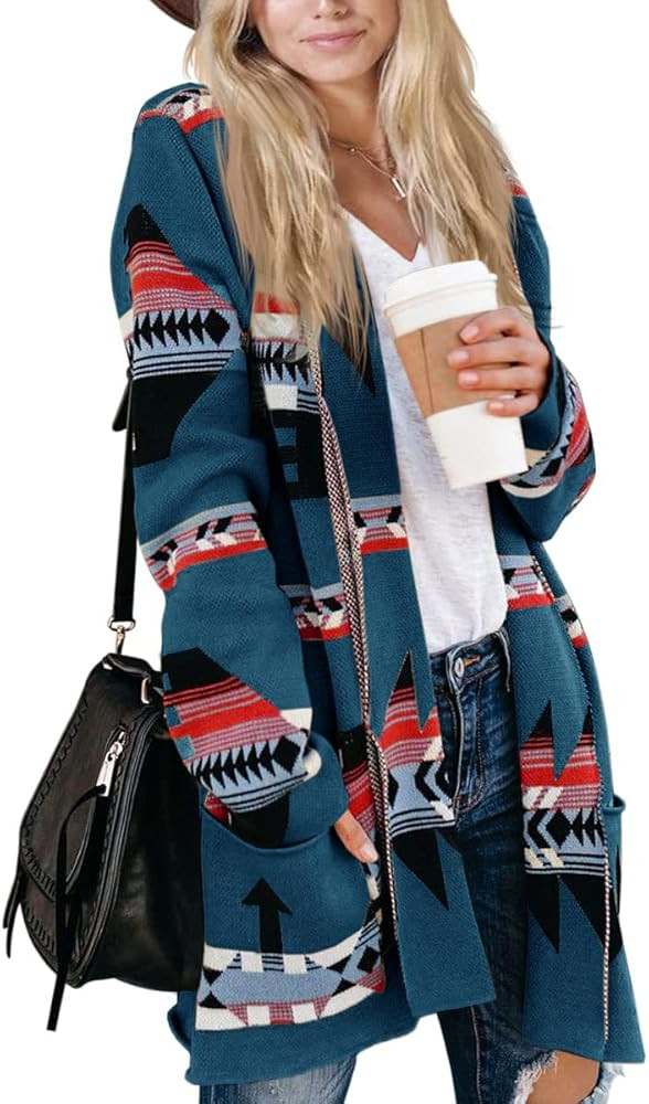Women Boho Cardigan Aztec Open Front Long Sleeve Shawl Collar Sweater Coat | Amazon (US)
