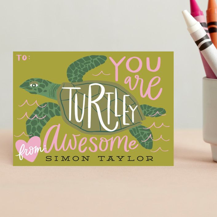 "Turtley Awesome" - Customizable Classroom Valentine's Cards in Blue by Alethea and Ruth. | Minted
