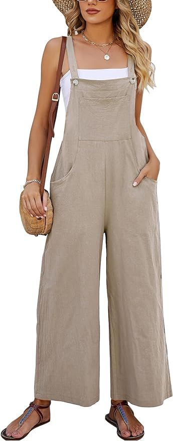 Womens Casual Cotton Bib Overalls Adjustable Spaghetti Strap Wide Leg Jumpsuits Rompers with Pock... | Amazon (US)