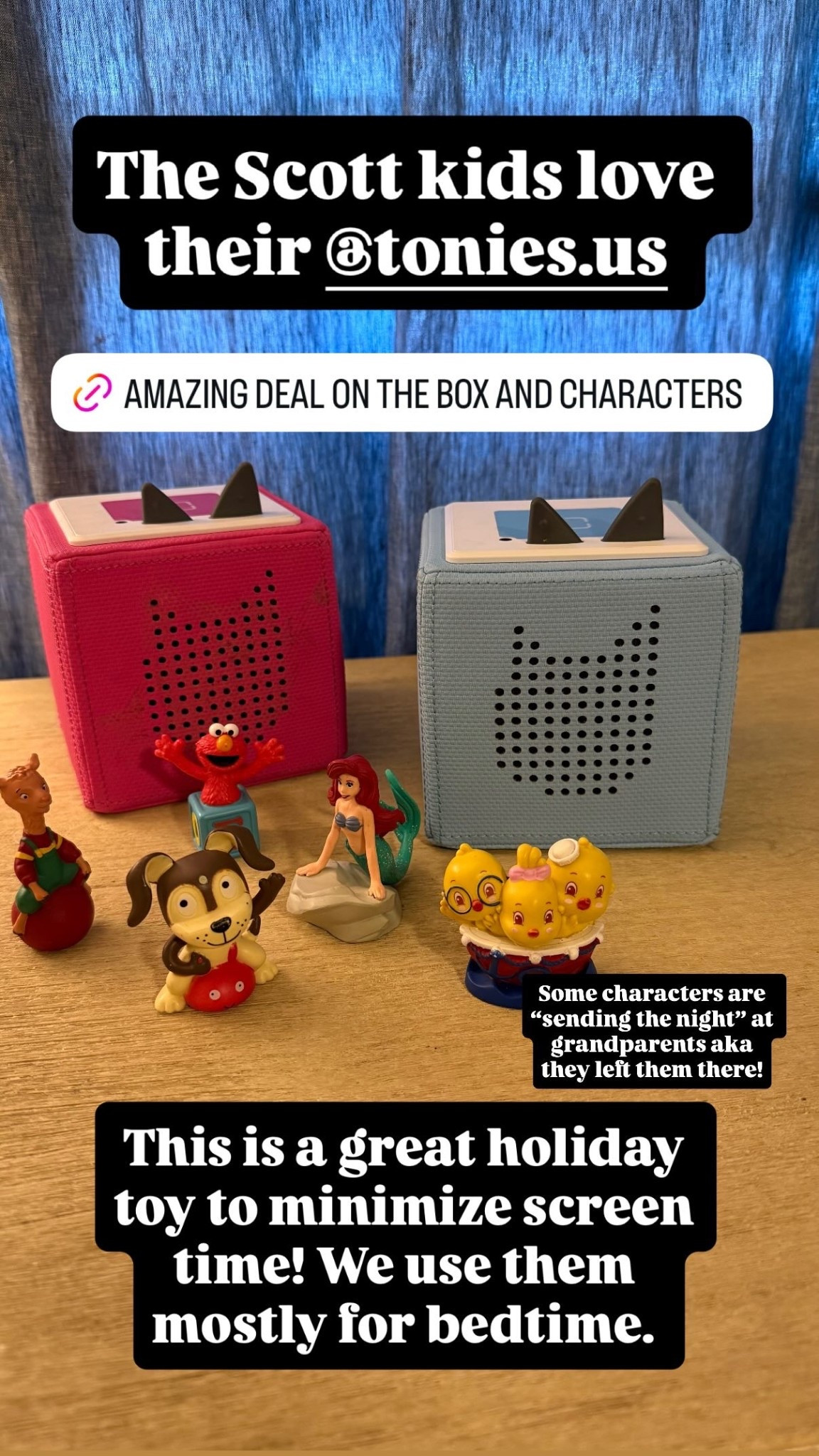 The Scott kids love their @tonies.us  This is a great holiday toy to minimize screen time! We use them mostly for bedtime.  Some characters are “sending the night” at grandparents aka they left them there!