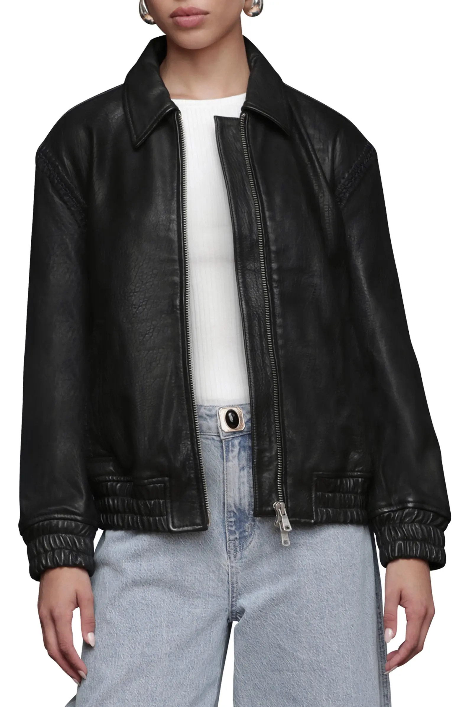Avec Les Filles Leather Bomber Jacket with Embroidered Trim | Nordstrom | Nordstrom